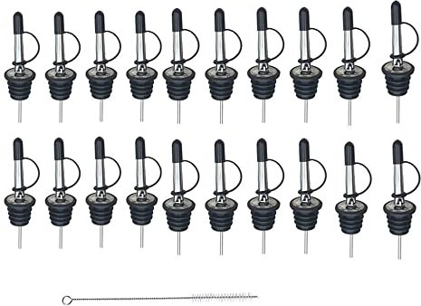 Loopunk 20 Pezzi Tappi in Acciaio Inox Beccuccio Conico Liquore Bottiglia Versatore Tappo Versatore Salvagoccia con monopezzo Cappucci di Gomma per liquore, Vino, Olio, Cocktail, Succo,ECC