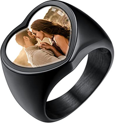 U7 Männer Ringe mit Gravur Edelstahl Ring Herren Herz Siegelring mit Foto Schwarz Fingerring Statement Ring Memorial Bandring Schwarz Ringe Gravur Jungen Personalisiert Modeschmuck für Weihnachten