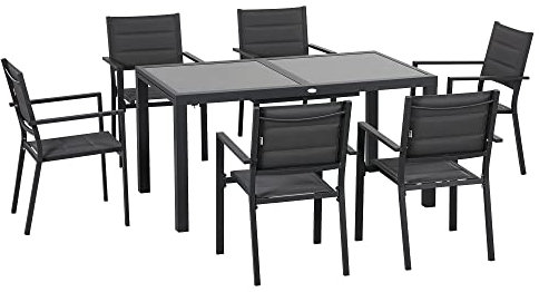 Outsunny Set da Giardino in Alluminio 7 Pezzi con Tavolo Rettangolare Allungabile e 6 Sedie da Esterno con Seduta a Rete Traspirante, Grigio