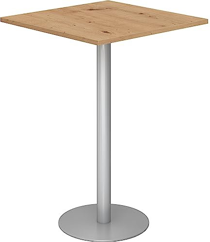 bümö Stehtisch Büro, Bistrotisch eckig 80 x 80 cm - Bartisch Asteiche, Stehtisch Holz-Platte, Säule aus Metall in Silber, Buffettisch, Säulentisch, Partytisch, Thekentisch, Hochtisch, Barmöbel
