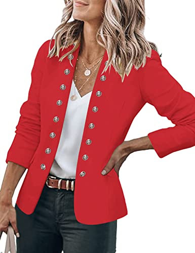 Roskiky - Veste décontractée unie pour femme, ouverte sur le devant, avec boutons et col montant, Rouge, XL