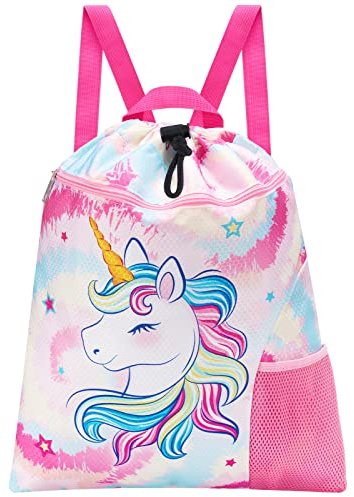 WAWSAM Gym Drawstring Backpack - Sports Gym PE Bag for Kids Waterproof Swimming Beach Backpack with Zippered Pocket and Water Bottle Holder