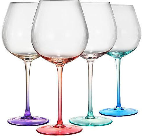 Lot de 4 verres à vin en cristal soufflé à la main bicolore | Bleu, violet, rose en forme de ballon, couleur ombrée unique pour cocktails et vin, verres vintage à pied (650 ml)