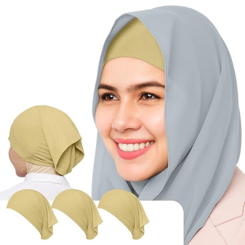AL Barakeh Women’s Undercap Hijab 3-Piece Set – Soft Inner Scarf in Solid Color – Comfortable Turban Style for Muslim Women,12 Colors (Beige)