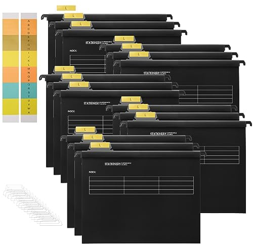 Hiziwimi 15 Stück PP Schwarz Aktenschrank A4 Hängemappen Hängemappen mit Tabs und Einsätzen für Büro, Schule, Desktop-Aktenaufbewahrung, Dateiklassifizierung (Schwarz)