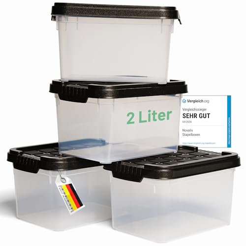 Novaliv 4x Aufbewahrungsboxen mit Deckel klein 2 L Anthrazit Nestbar stapelbare Plastikboxen mit Clipverschluss Kunststoff BPA-frei 19 x 14 x 11 cm