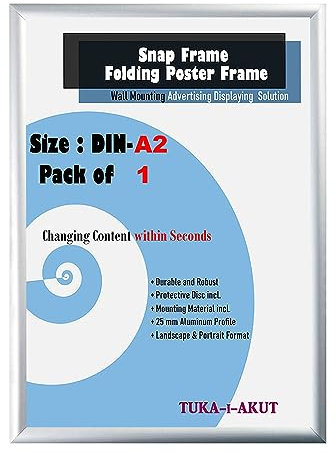 TUKA-i-AKUT Aluminium Klapprahmen DIN A2, 25 mm Profil Plakatrahmen Wechselrahmen Poster Rahmen Bilderrahmen Schnapprahmen Aufklappbar mit Schutzscheibe Befestigungsmaterial, Silber Farbe TKD8420-A2