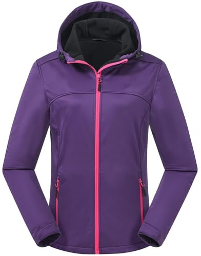 ATLASLAVA Damen Softshelljacke Wasserdichte Atmungsaktive Leichte Fleece Kapuze Übergangsjacke Laufen Wanderjacke PURPLE XXL