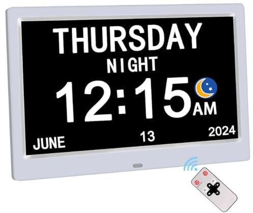 AINFTIME Digitale Uhr mit Datum und Wochentag für ältere Menschen, 12 Alarme, Medikamentenerinnerung, Demenz, Alzheimer, Uhr, Kalender mit extra großem Display (25,7 cm weiß)