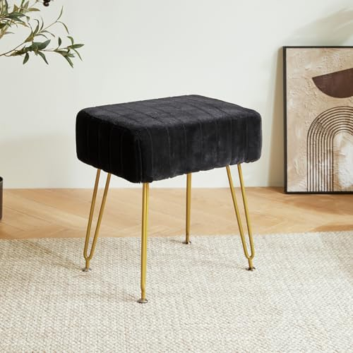 IBUYKE Velvet Rechteckiger Fußstützenstuhl Ottoman, Make-up Eitelkeits Hocker Beistelltisch, Samt Schminktisch Sitz, Pouf Couch Hocker, Goldene Stahlbeine, schwarz L/G-51B