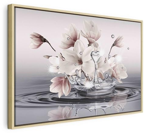 B&D XXL Bilder mit Rahmen 120x80 cm Wandbilder groß Leinwandbild XXL natürlicher Holzrahmen modern Wanddekoration Kunstdruck Wanddeko Wohnzimmer Schlafzimmer Magnolie Zen Spa Wasser