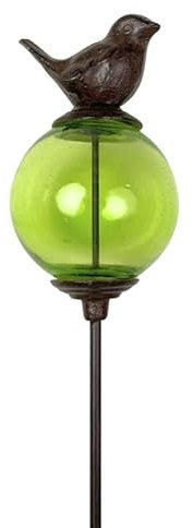 L'Héritier Du Temps Tuteur Boule Vert Pic de Jardin Coloré Décoration de Jardin à Planter Motif Oiseau en Fonte et Verre 10x10x117cm
