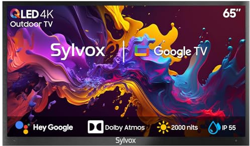 SYLVOX 65 TV da Esterno, Smart Google QLED 4K UHD 2000Nits - IP55 Impermeabile, Dolby Audio, DVB-T2/S2/C, WiFi, Outdoor Televisione per Piscina, Giardini, Terrazza (Pool Pro 2.0 QLED)
