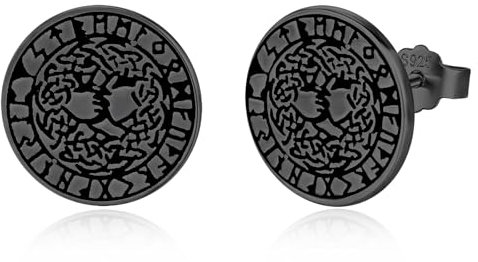 Viking Stud Earrings 925 Sterling Sliver Black Tree of life Norse Punk Earring for Men Women