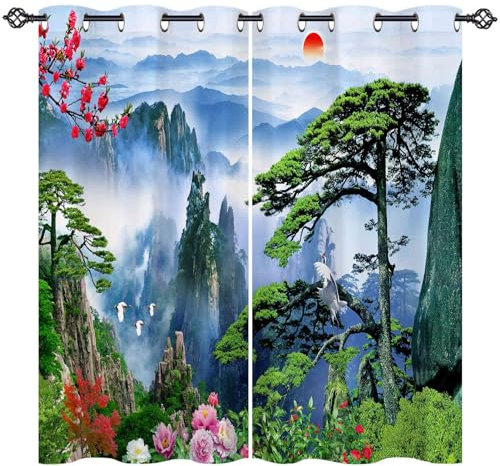 ANHOPE Natur Landschaft Berg Vogel Vorhänge mit Ösen Blickdichte Gardinen Thermo Vorhang Blackout Curtain Schlafzimmer Wohnzimmer Weich Verdunklungsvorhänge 2er Set H 175 x B 140 cm