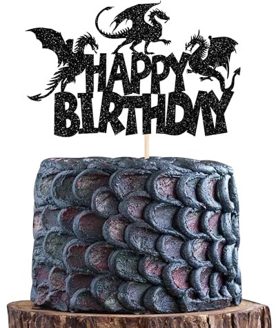SYKYCTCY 1 Pack Dragon Happy Birthday Cake Topper Glitter Fantasy Birthday Cake Pick forMedieval Dragon Theme Baby Shower Kids Birthday Party Cake Decorations Supplies Black
