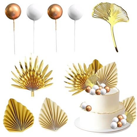 CIGTSICO 29 Pcs Gold Cake Decorations, Gold Palm Leaf Cake Topper Gold/White Cake Balls Decorations, Gold Boho Cake Decorations for Women Girls Birthday and Wedding Cake