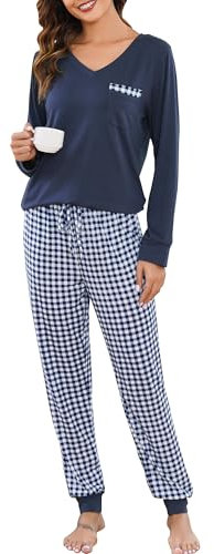 Vlazom Pyjama Femme Hiver Ensembles de Pyjama à Manche Longue Col en V Vêtements de Nuit à Carreaux Chaud Long，A-Navy，XL