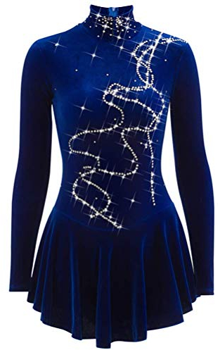 YDHTIZ Eiskunstlauf Kleid Für Mädchen/Damen Langärmlige Blaue Samt Ballettröcke Eislauf Wettkampf Eislaufbekleidung Gymnastik Performance Trikots,A,12_15Years