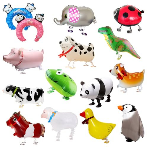 13PCS Walking Tier Folienballons, Karikatur Helium Ballons Gas mit 2 Ballonköpfen, Airwalker Luftballons Tiere für Thematische Party Deko Mitgebsel