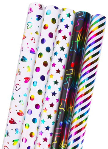 woric 5 Rollen Geschenkpapier Geburtstag, 43cm x 3m Geschenkpapier Rolle Bunt Geschenkpapierrolle Set für Kindergeburtstag Hochzeit Babyparty (Mehrfarbig)