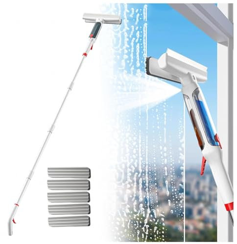 RYJYQYX 4 en 1 Spray Limpia Cristales con Mango Extensible(190cm), Limpia Cristales con Colector De Aguas Residuales Y 5 Paños para Ventanas Altas Interiores/Exteriores