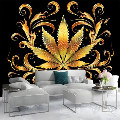 Papier Peint Panoramique 3D Feuilles DoréEs Noires, Papier Peint Intissé Tapisserie Poster Mural Noir pour Salon Chambre Décoration Murale 200 x 140 CM