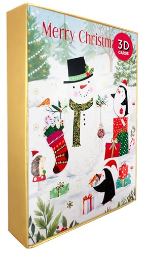 Box of 5 Pop Up 3D Snowman & Penguins Christmas Cards Xmas Card Boxes XHH006