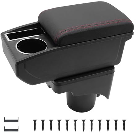 KAERGK Auto Armlehnen für VW Golf 6 MK6 2008–2013 Mittelarmlehne | Zweistufiger Stauraum, Mit Getränkehalter, Einfache Montage, PU-Leder, Verstellbare Armlehne für Autos, Rote Nähte