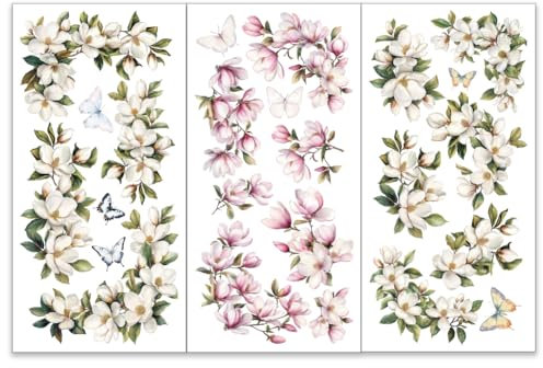 OLYCRAFT 3 Stück/Set Magnolien Transferfolien Zum Aufreiben Für Möbel Und Kunsthandwerk 15x30cm Große Blumen Eck Möbelaufkleber Schmetterlings Transferaufkleber Abziehbilder Zum Aufreiben