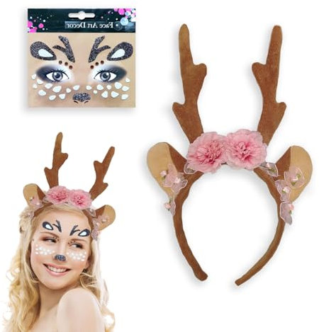 Xiujuers Serre Tete Renne Noel, Deguisement Renne Accessoires, Serre Tete Noel Femme avec Tatouage Visage, Bandeau Oreilles de Renne, Bandeau de Rennes Tiara, Serre Tete Cerf pour Adultes Enfants