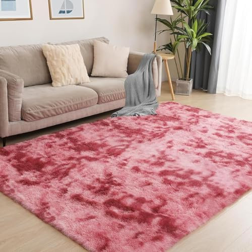 AIMECO Hochflor Teppich Wohnzimmer Carpet 140X200cm Anti-Rutsch Extra Große Teppiche Schlafzimmer flauschig Teppiche Matte Teppichen Mädchen Schlafzimmer und Kinderzimmer.Tie-dye Rose Rot