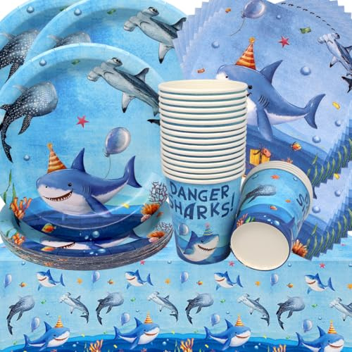 Doyomtoy Vajilla de Cumpleaños de Animales del Océano, 20 Invitados: 20 Platos, 20 Tazas, 20 Servilletas y 1 Mantel, Azul, Estampado Animal