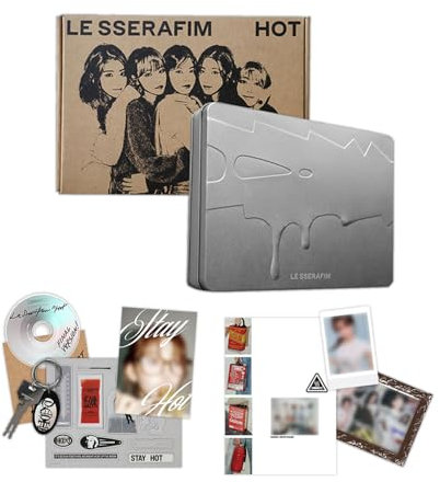 LE SSERAFIM – 5. Mini-Album [HOT] (Tin Case Ver.) Outer Box + Tin Case + Keyring + Magnet + A4 Poster + A2 Poster + CD + Postkarte + Photocard + 2 Pin Badges + 4 Extra Photocards