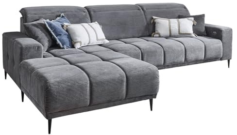 Generisch Ecksofa - 286 x 195 cm - Dunkelgrau - Cord - elektr. Sitztiefenverstellung