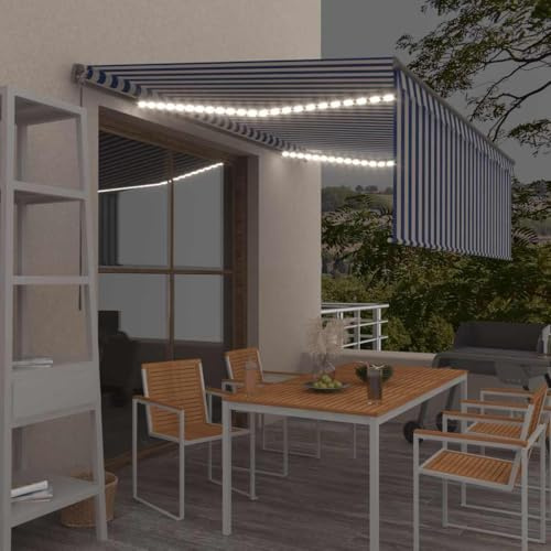 Qnhdfrt Manuelle Einziehbare Markise 4,5x3m mit Rollo LED in Blau & Weiß für Balkon Terrasse Garten Outdoor Sonnenschutz Sichtschutz