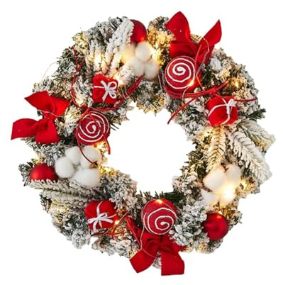 YBNKKUXKN Beleuchteter Weihnachtskranz mit großer roter Schleife und bunten Kugeln, batteriebetrieben mit warmen Lichtern, Haustür-Dekorationen von X-max