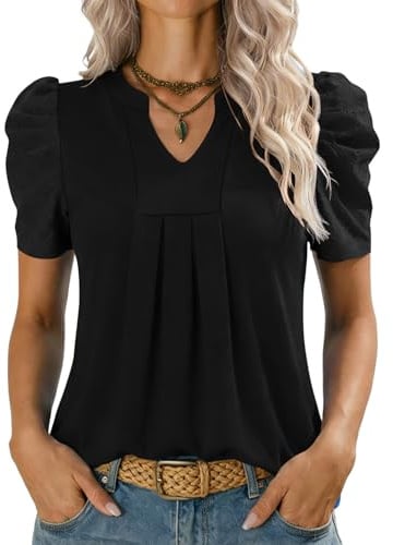Kistore Black Tops for Women UK V Neck T Shirts Summer Short Sleeve Breathable Women's T-Shirts Dressy Tunic Clothes M