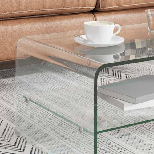 Runheo Couchtisch Transparent 98x45x31 cm, Hartglas 10mm Stärke, mit Ablageboden für Wohnzimmer, Moderner Glastisch, Rechteckiger Beistelltisch