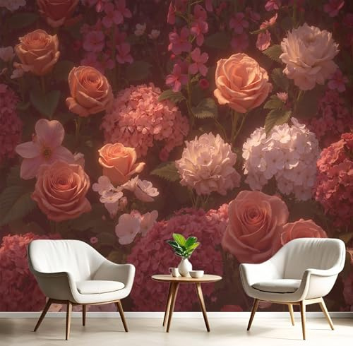 Papier Peint Soie Roses, Orchidées Et Hortensias 200x140cm Papier Peint Panoramique Style Pastoral Romantique XXL Tableaux Décoration Murale pour Salon, Chambre, Décor Fond TV - Poudre De Corail