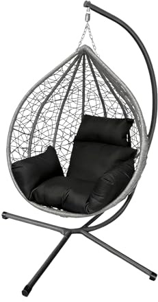 150kg Egg Swing Chair, Foldable Design with 6 Cushion Color Combinations, PE Wicker & Anti-Rust Steel Frame, 115x65x105cm Size, Easy Assembly for Patio/Bedroom Use (Grey seat + black cushion)