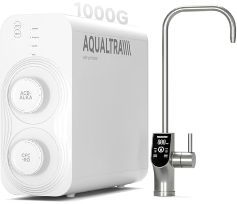 AQUALTRA USF-AR-1000 Système d'osmose inverse sous évier, osmoseur alcalin 10 étages sans réservoir, certifié NSF/ANSI/CAN 372, 1000 GPD, rapport pur/eaux usées 3:1, robinet LED intelligent