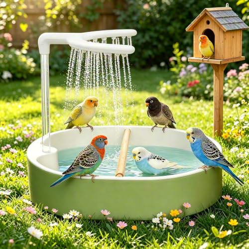 Vogeldusche Wellensittich, 32x26cm Wellensittich Dusche mit Wasserfall | Wasserpumpe, Automatische Vogelbad Badehaus Badewanne für Unzertrennliche Wellensittiche Afrikanische Munias Aras