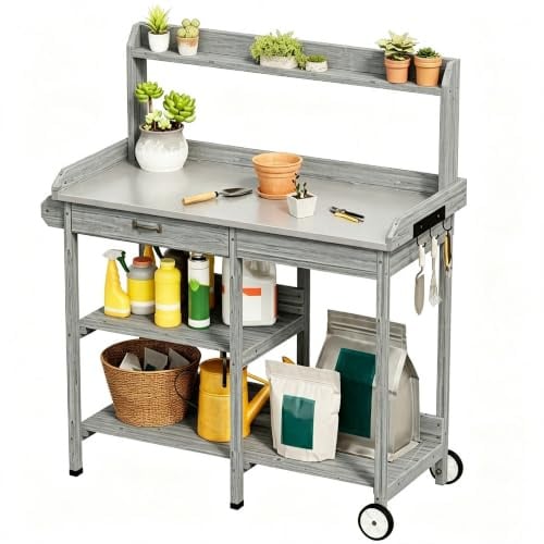 Xbro Pflanztisch mit Rollen Outdoor wetterfest, Gärtnertisch Holz mit Schublade & Ablagen, Blumentisch mit verzinkter Arbeitsplatte & Haken für Balkon Terrasse Garten, 112x43x121 cm, Grau