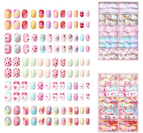 120Pcs Kids Press on Nails, Colorful Kids Stick On Nails with Flower Heart and Mermaid Designs, Cartoon Fake Nails for Kid, Women Girls DIY Manicure Gifts