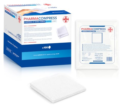 AIESI® Garze sterili per medicazione 10x10 cm (100 pezzi) in confezione singola PHARMACOMPRESS, Compresse in cotone piegate