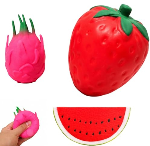 Squishy Erdbeere,Entspannung für Büro, Entspannungsspielzeug für Jugendliche, Frucht Squishies mit Erdbeere Wassermelone und Drachenfrucht