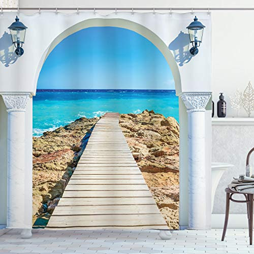 ABAKUHAUS Küsten Duschvorhang, Meer mit einem Quay Coast, Stoffliches Gewebe Badezimmerdekorationsset mit Haken, 175 x 180 cm, Aqua Creme Blau