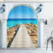 ABAKUHAUS Küsten Duschvorhang, Meer mit einem Quay Coast, Stoffliches Gewebe Badezimmerdekorationsset mit Haken, 175 x 180 cm, Aqua Creme Blau