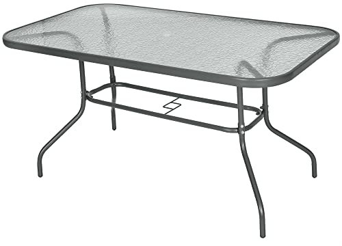 Outsunny Garden Dining Table Glass Top Metal Frame with Parasol Hole Outdoor Balcony Grey 140L x 80Wcm